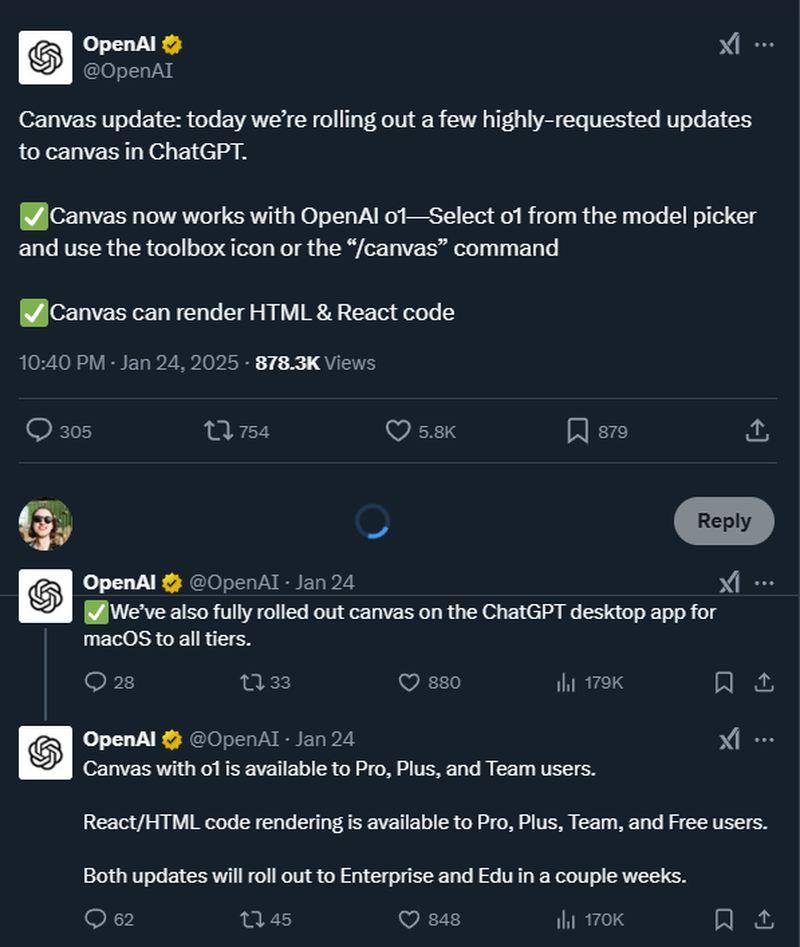 ChatGPT Canvas now supports o1 and real-time code rendering
